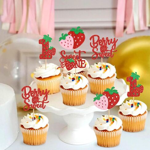 24pcs Strawberry Sweet One Cupcake Toppers Sweet 1st Birthday Strawberry Cupcake Baby Shower Kids الذكرى السنوية in Kuwait