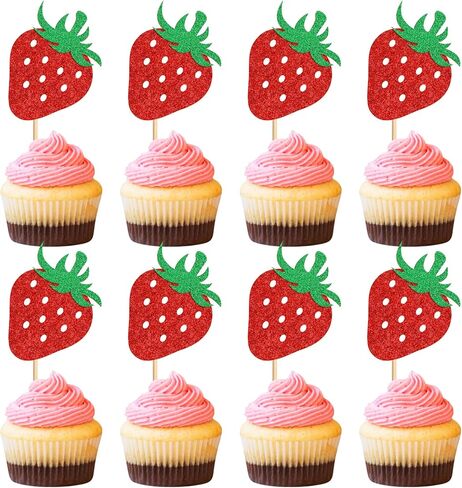 24pcs Strawberry Sweet One Cupcake Toppers Sweet 1st Birthday Strawberry Cupcake Baby Shower Kids الذكرى السنوية in Kuwait