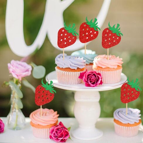 24pcs Strawberry Sweet One Cupcake Toppers Sweet 1st Birthday Strawberry Cupcake Baby Shower Kids الذكرى السنوية in Kuwait