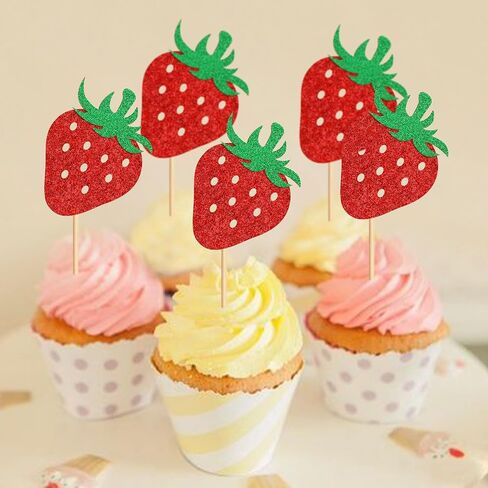 24pcs Strawberry Sweet One Cupcake Toppers Sweet 1st Birthday Strawberry Cupcake Baby Shower Kids الذكرى السنوية in Kuwait