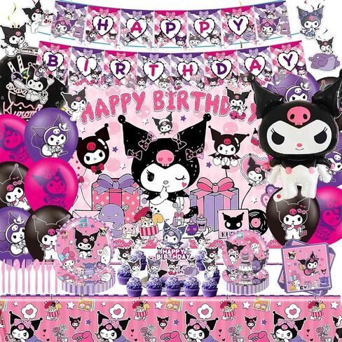 121PIECSES KUROMI عيد ميلاد ديكورات حفلة ، الأطفال اللطيفات اللطيفة للحفلات ، تشمل لافتة عيد ميلاد سعيد ، بالونات ، لوحات ، لوحات ، أغطية كب كيك للفتيات ، الخلفية ، in Saudi Arabia