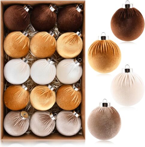 Christmas Tree Ornaments Velvet Balls - Pack of 15pcs Shatterproof Xmas Bulbs Decorations Set - Multicolor Green Brown Neutral, 80mm 3.15 inch in Saudi Arabia