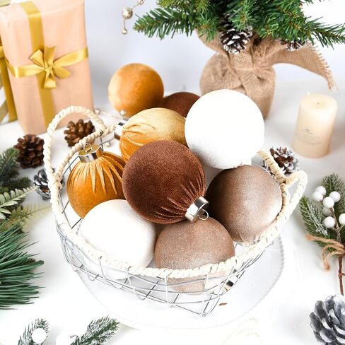 Christmas Tree Ornaments Velvet Balls - Pack of 15pcs Shatterproof Xmas Bulbs Decorations Set - Multicolor Green Brown Neutral, 80mm 3.15 inch in Saudi Arabia