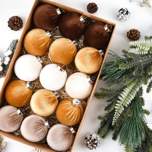 Christmas Tree Ornaments Velvet Balls - Pack of 15pcs Shatterproof Xmas Bulbs Decorations Set - Multicolor Green Brown Neutral, 80mm 3.15 inch in Saudi Arabia