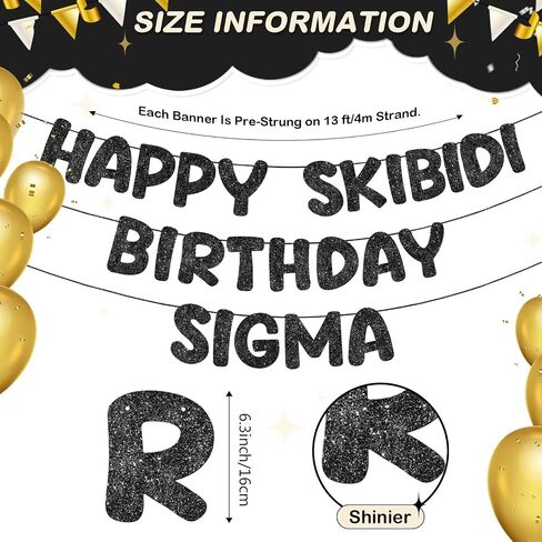 Fulmoon Pre Strung Happy Skibidi Birthday Sigma Banner Glitter Funny Zoomer Gen Z Slang Birthday Party Supplies Gen Z Slag Party Decorations Sign Gift(Black) in Saudi Arabia