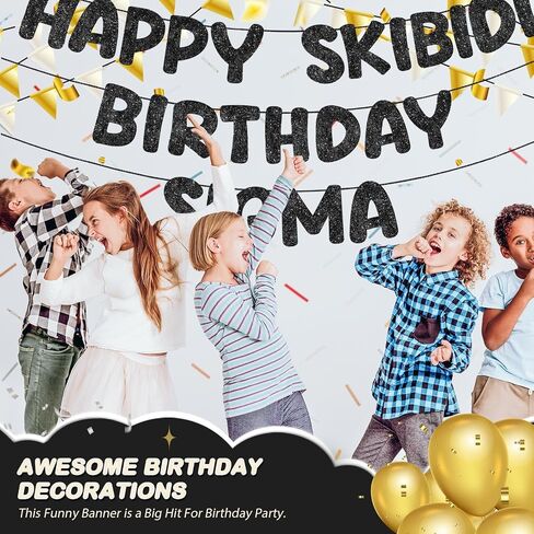 Fulmoon Pre Strung Happy Skibidi Birthday Sigma Banner Glitter Funny Zoomer Gen Z Slang Birthday Party Supplies Gen Z Slag Party Decorations Sign Gift(Black) in Saudi Arabia