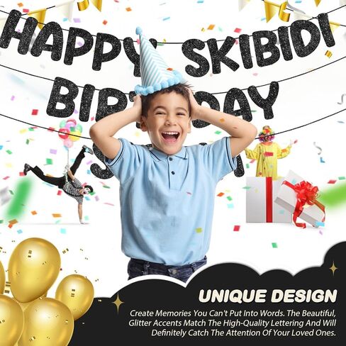 Fulmoon Pre Strung Happy Skibidi Birthday Sigma Banner Glitter Funny Zoomer Gen Z Slang Birthday Party Supplies Gen Z Slag Party Decorations Sign Gift(Black) in Saudi Arabia