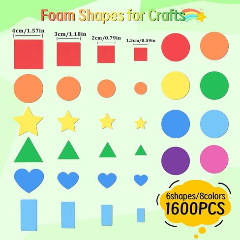 1600Pcs Foam Stickers,8 Colors Foam Shape Stickers for Kids Crafts Self Adhesive,Star Heart Circle Geometric Stickers for Preschool DIY Art Supplies Project Home Party Decorations 16 Sheets(Geometric) in Kuwait