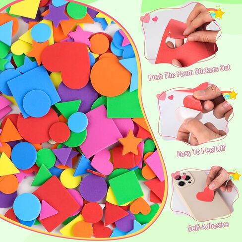 1600Pcs Foam Stickers,8 Colors Foam Shape Stickers for Kids Crafts Self Adhesive,Star Heart Circle Geometric Stickers for Preschool DIY Art Supplies Project Home Party Decorations 16 Sheets(Geometric) in Kuwait