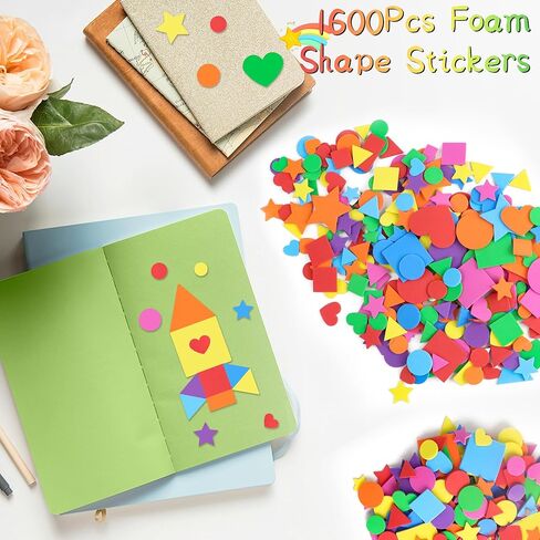1600Pcs Foam Stickers,8 Colors Foam Shape Stickers for Kids Crafts Self Adhesive,Star Heart Circle Geometric Stickers for Preschool DIY Art Supplies Project Home Party Decorations 16 Sheets(Geometric) in Kuwait