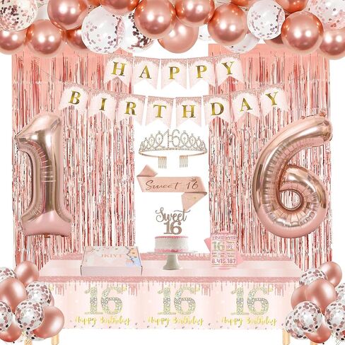 Sweet 16 Party Decorations, JKIYT Happy 16th Birthday Decorations for Girls, Rose Gold Sweet Sixteen Decor Include Sash and Crown, Balloons, Banner, Tablecloth, Backdrop, Cake Topper & Birthday Card in Saudi Arabia
