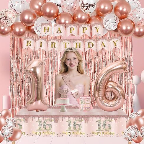 Sweet 16 Party Decorations, JKIYT Happy 16th Birthday Decorations for Girls, Rose Gold Sweet Sixteen Decor Include Sash and Crown, Balloons, Banner, Tablecloth, Backdrop, Cake Topper & Birthday Card in Saudi Arabia