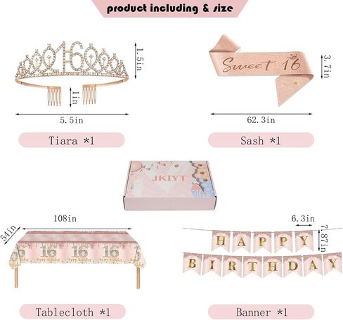 Sweet 16 Party Decorations, JKIYT Happy 16th Birthday Decorations for Girls, Rose Gold Sweet Sixteen Decor Include Sash and Crown, Balloons, Banner, Tablecloth, Backdrop, Cake Topper & Birthday Card in Saudi Arabia