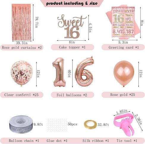 Sweet 16 Party Decorations, JKIYT Happy 16th Birthday Decorations for Girls, Rose Gold Sweet Sixteen Decor Include Sash and Crown, Balloons, Banner, Tablecloth, Backdrop, Cake Topper & Birthday Card in Saudi Arabia