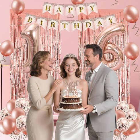 Sweet 16 Party Decorations, JKIYT Happy 16th Birthday Decorations for Girls, Rose Gold Sweet Sixteen Decor Include Sash and Crown, Balloons, Banner, Tablecloth, Backdrop, Cake Topper & Birthday Card in Saudi Arabia