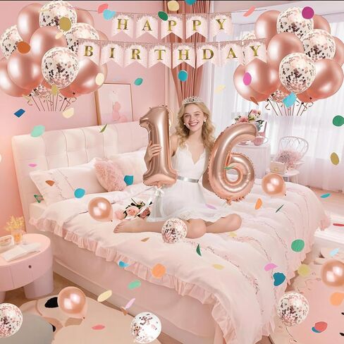Sweet 16 Party Decorations, JKIYT Happy 16th Birthday Decorations for Girls, Rose Gold Sweet Sixteen Decor Include Sash and Crown, Balloons, Banner, Tablecloth, Backdrop, Cake Topper & Birthday Card in Saudi Arabia
