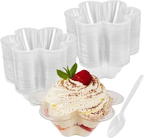 50ct 8oz Clear Plastic Dessert Cups with Spoons, Disposable Flower Shaped Ice Cream Bowls, Party Sundae Serving Bowls for Ice Cream, Nuts and Salad, Trifle Tasters Containers in Saudi Arabia