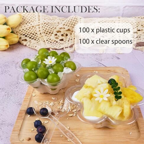 50ct 8oz Clear Plastic Dessert Cups with Spoons, Disposable Flower Shaped Ice Cream Bowls, Party Sundae Serving Bowls for Ice Cream, Nuts and Salad, Trifle Tasters Containers in Saudi Arabia