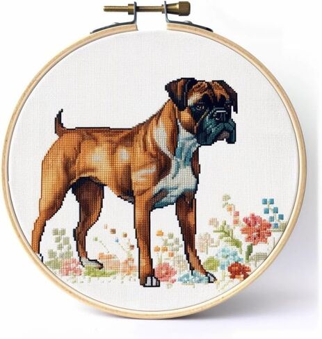 Boxer Dog Cross Stitch Kits with Hoop Easy Pattern Stamped Cross-Stitch Supplies Needlework DIY 11CT 3 Strands Cotton Thread Printed DIY Needlepoint Kits 35×35cm (ag63) in Saudi Arabia
