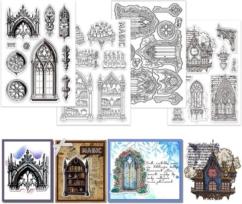 GLOBLELAND 4 Sheets Gothic Architecture Clear Stamp for Scrapbooking Window Door Silicone Stamps Church Building Transparent Stamp Set for Card Making DIY Embossing Journaling in Saudi Arabia