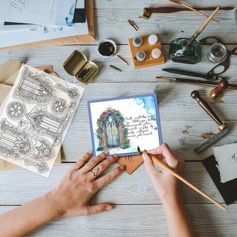 GLOBLELAND 4 Sheets Gothic Architecture Clear Stamp for Scrapbooking Window Door Silicone Stamps Church Building Transparent Stamp Set for Card Making DIY Embossing Journaling in Saudi Arabia