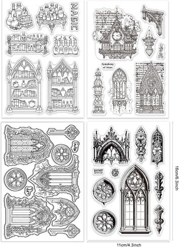 GLOBLELAND 4 Sheets Gothic Architecture Clear Stamp for Scrapbooking Window Door Silicone Stamps Church Building Transparent Stamp Set for Card Making DIY Embossing Journaling in Saudi Arabia