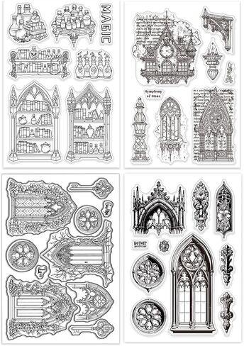 GLOBLELAND 4 Sheets Gothic Architecture Clear Stamp for Scrapbooking Window Door Silicone Stamps Church Building Transparent Stamp Set for Card Making DIY Embossing Journaling in Saudi Arabia