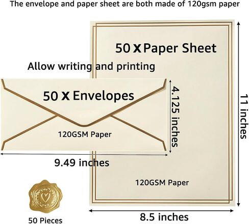 50 حزمة قرطاسية مجموعة مع الحدود الذهبية ، 10 مظاريف تجارية وألواح ورقية 8.5x11 والملصقات لكتابة الرسائل (لون كريم ، 8.5 × 11 بوصة) in Kuwait