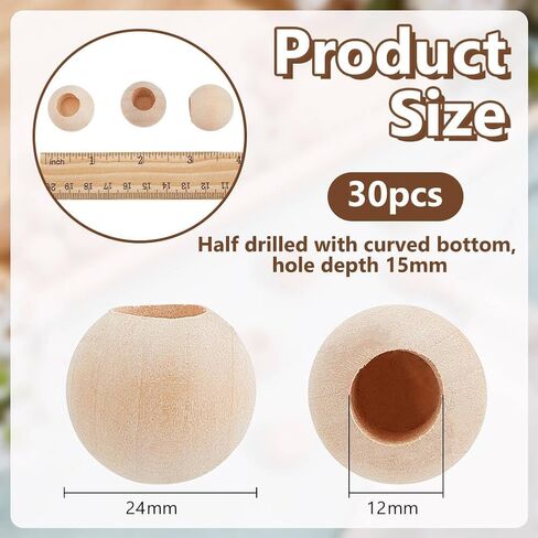 OLYCRAFT 30Pcs Wood Dowel Rod End Caps 0.9 Inch in Diameter Wooden Solid Crafting Beads Half Drilled 12mm/0.5 Inch Hole for Crafts Round Unfinished Natural Wood Ball for Arts and Crafts in Saudi Arabia