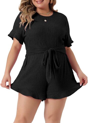 Agnes Orinda Plus Size Rompers for Women 2024 Summer Short Sleeve Cute Ruffle Front Tie Beach Short Jumpsuits in Saudi Arabia