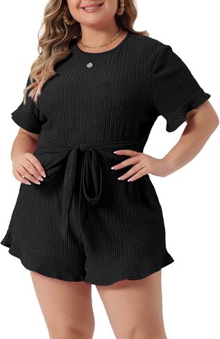 Agnes Orinda Plus Size Rompers for Women 2024 Summer Short Sleeve Cute Ruffle Front Tie Beach Short Jumpsuits in Saudi Arabia