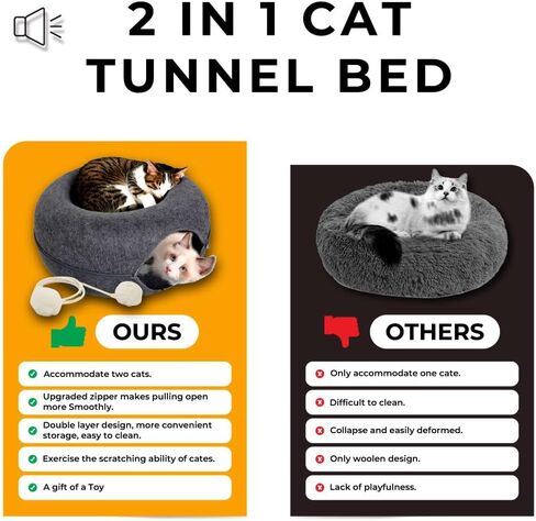 Peekaboo Cat Cave - جولة قابلة للانفصال Cat Cave Bed Playhouse Playhouse ونفق دونات القطط للقطط والقطط والحيوانات الأليفة الصغيرة - بقعة راحة داكنة (متوسطة) in Saudi Arabia