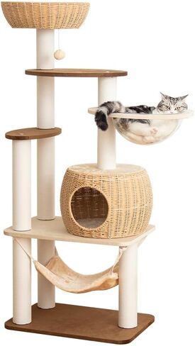 56.7in Large Wooden cat Tree for Large Multiple Cats,cat Tree with Observation Deck, Suitable for Summer and Winter 144CM (Rubberwood) in Kuwait