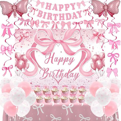 زخارف عيد ميلاد القوس الوردي للبنات نساء ، زخارف عيد ميلاد coquette ، وردي وأبيض سعيد BDAY BADED BASHDROP BALLONS TOMELOTH معلقة دوامات القبعات العليا ، أقواس السمة ديكور الحزب in Kuwait