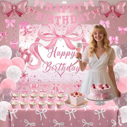 زخارف عيد ميلاد القوس الوردي للبنات نساء ، زخارف عيد ميلاد coquette ، وردي وأبيض سعيد BDAY BADED BASHDROP BALLONS TOMELOTH معلقة دوامات القبعات العليا ، أقواس السمة ديكور الحزب in Kuwait