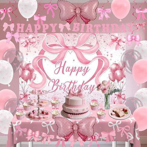 زخارف عيد ميلاد القوس الوردي للبنات نساء ، زخارف عيد ميلاد coquette ، وردي وأبيض سعيد BDAY BADED BASHDROP BALLONS TOMELOTH معلقة دوامات القبعات العليا ، أقواس السمة ديكور الحزب in Kuwait