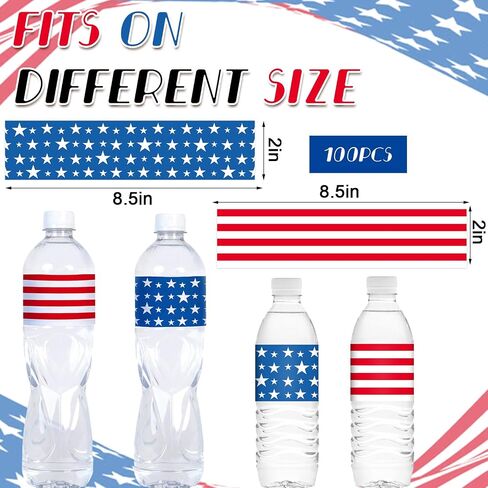 100Pcs Patriotic Water Bottle Labels 4th of July Star and Stripes Waterproof Bottle Sticker Decals for Independence Day Party Decoration, 20 Sheets in Saudi Arabia