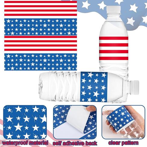 100Pcs Patriotic Water Bottle Labels 4th of July Star and Stripes Waterproof Bottle Sticker Decals for Independence Day Party Decoration, 20 Sheets in Saudi Arabia