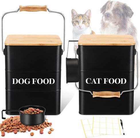Tioncy 2 Pcs Metal Dog and Cat Food Storage Containers Big Pet Food Containers with Bamboo Lids and Spoon Airtight 5-7 Lbs Dog Cat Treat Snack Jars with DIY Labels for Kitchen Counter(Black) in Saudi Arabia