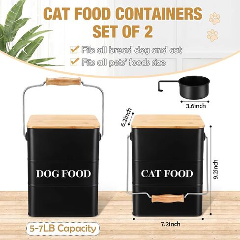 Tioncy 2 Pcs Metal Dog and Cat Food Storage Containers Big Pet Food Containers with Bamboo Lids and Spoon Airtight 5-7 Lbs Dog Cat Treat Snack Jars with DIY Labels for Kitchen Counter(Black) in Saudi Arabia