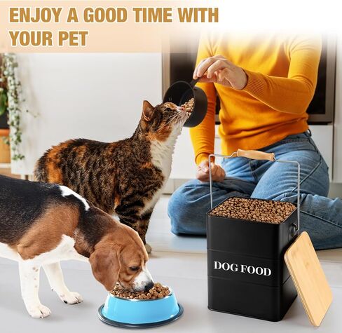 Tioncy 2 Pcs Metal Dog and Cat Food Storage Containers Big Pet Food Containers with Bamboo Lids and Spoon Airtight 5-7 Lbs Dog Cat Treat Snack Jars with DIY Labels for Kitchen Counter(Black) in Saudi Arabia