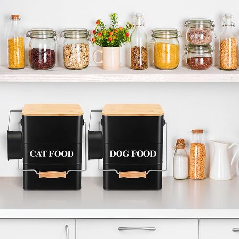 Tioncy 2 Pcs Metal Dog and Cat Food Storage Containers Big Pet Food Containers with Bamboo Lids and Spoon Airtight 5-7 Lbs Dog Cat Treat Snack Jars with DIY Labels for Kitchen Counter(Black) in Saudi Arabia