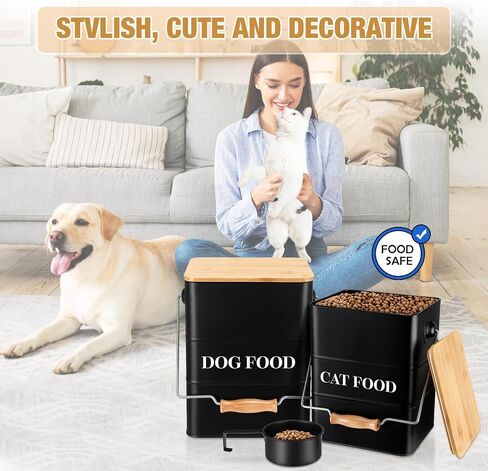 Tioncy 2 Pcs Metal Dog and Cat Food Storage Containers Big Pet Food Containers with Bamboo Lids and Spoon Airtight 5-7 Lbs Dog Cat Treat Snack Jars with DIY Labels for Kitchen Counter(Black) in Saudi Arabia
