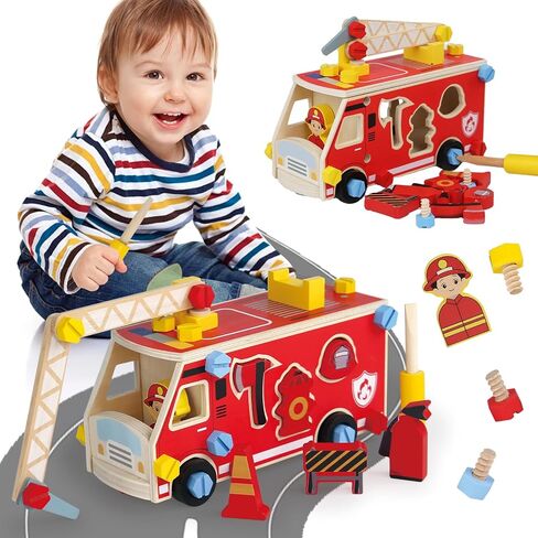 لعبة Loveland Wooden Fire Truck-سيارة STEM Take-Apart مع أدوات رجال الإطفاء وفرز الأشكال ، هدية مونتيسوري التعليمية للأطفال الصغار الفتاة الذين تتراوح أعمارهم بين 3+ in Kuwait