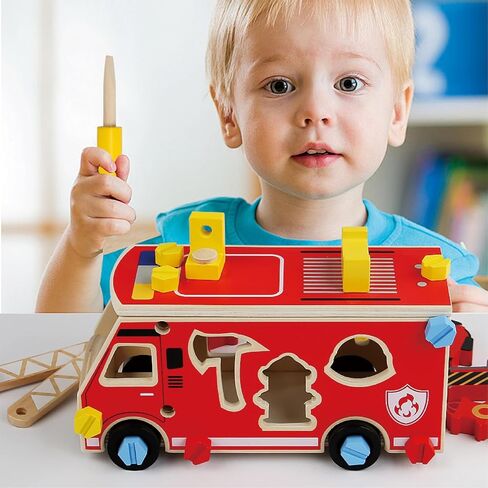 لعبة Loveland Wooden Fire Truck-سيارة STEM Take-Apart مع أدوات رجال الإطفاء وفرز الأشكال ، هدية مونتيسوري التعليمية للأطفال الصغار الفتاة الذين تتراوح أعمارهم بين 3+ in Kuwait