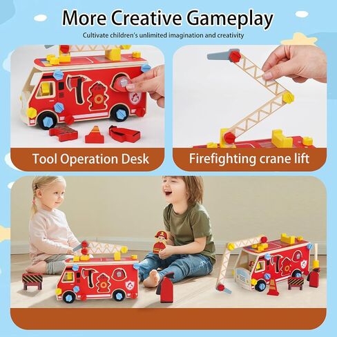 لعبة Loveland Wooden Fire Truck-سيارة STEM Take-Apart مع أدوات رجال الإطفاء وفرز الأشكال ، هدية مونتيسوري التعليمية للأطفال الصغار الفتاة الذين تتراوح أعمارهم بين 3+ in Kuwait