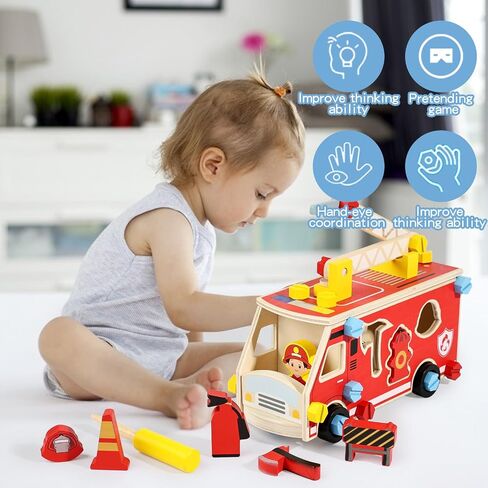 لعبة Loveland Wooden Fire Truck-سيارة STEM Take-Apart مع أدوات رجال الإطفاء وفرز الأشكال ، هدية مونتيسوري التعليمية للأطفال الصغار الفتاة الذين تتراوح أعمارهم بين 3+ in Kuwait