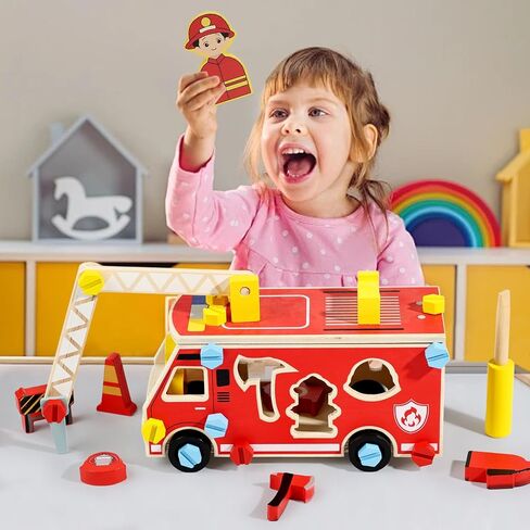 لعبة Loveland Wooden Fire Truck-سيارة STEM Take-Apart مع أدوات رجال الإطفاء وفرز الأشكال ، هدية مونتيسوري التعليمية للأطفال الصغار الفتاة الذين تتراوح أعمارهم بين 3+ in Kuwait
