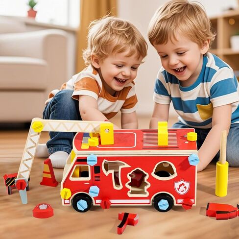 لعبة Loveland Wooden Fire Truck-سيارة STEM Take-Apart مع أدوات رجال الإطفاء وفرز الأشكال ، هدية مونتيسوري التعليمية للأطفال الصغار الفتاة الذين تتراوح أعمارهم بين 3+ in Kuwait