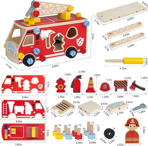 لعبة Loveland Wooden Fire Truck-سيارة STEM Take-Apart مع أدوات رجال الإطفاء وفرز الأشكال ، هدية مونتيسوري التعليمية للأطفال الصغار الفتاة الذين تتراوح أعمارهم بين 3+ in Kuwait